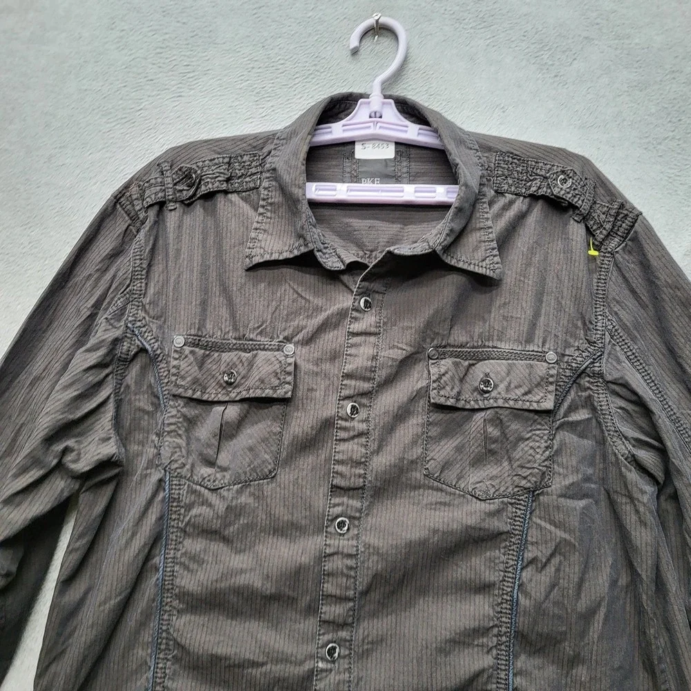 BKE Men Button Up Shirt‎ XL Brown Striped Western Grunge Long Sleeve Y2K